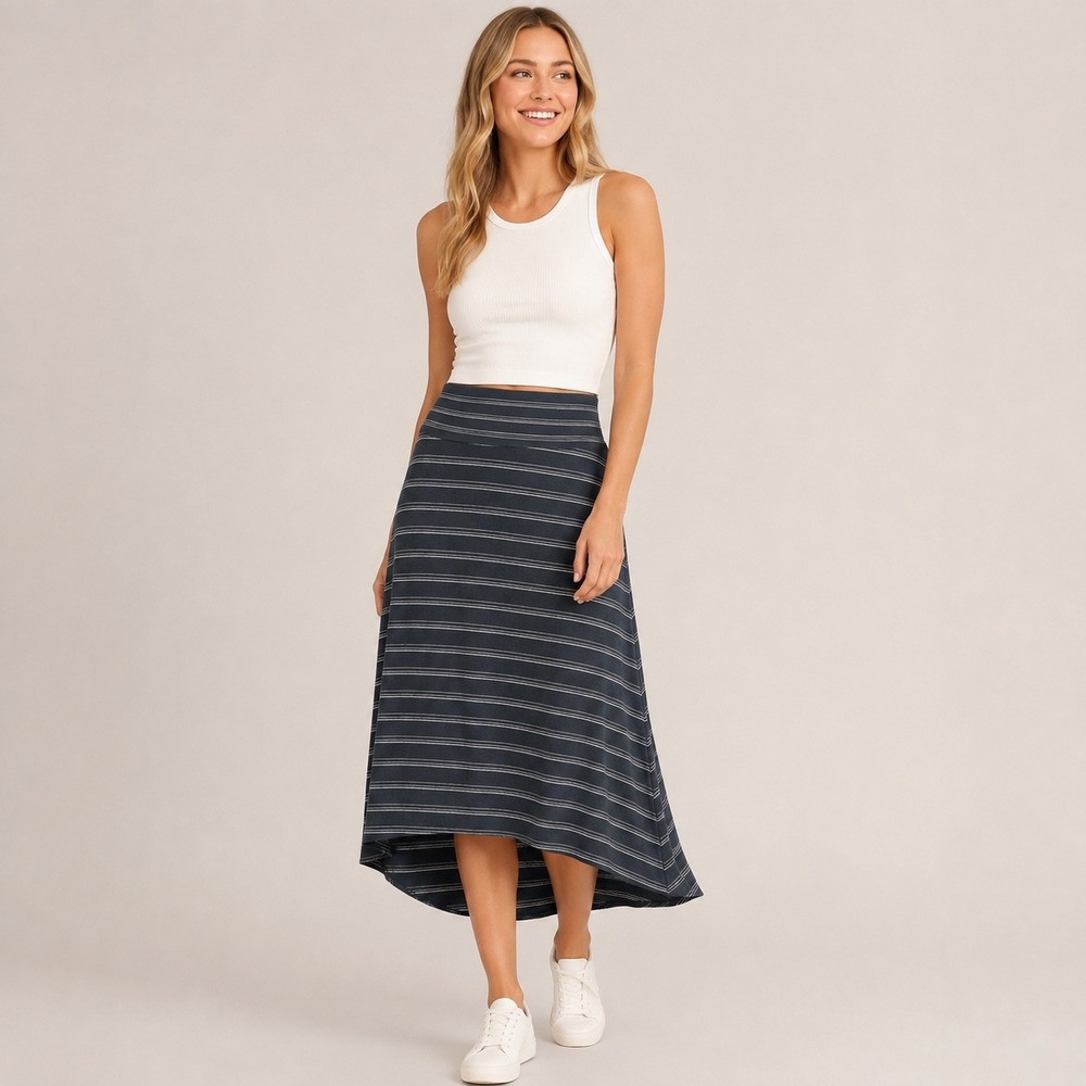 Prana Maxi Skirt Womens Small Gray Striped High Low Pockets Smocked Waist